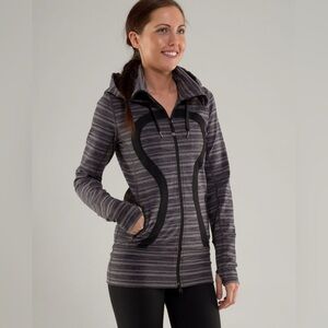 Lululemon Stride Jacket Size 4 Black Stripes Galore / Black Long Hooded Zip Up